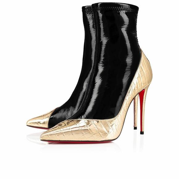 Christian Louboutin Bibooty 100 Black Platine Gold Patent Ankle Heel Boot 37 - Picture 1 of 12